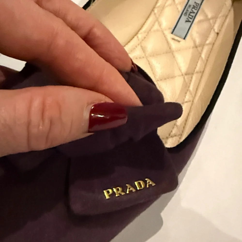 Prada Women's Deep Purple Suede Flats with Bow with Gold Prada accents - Picture 4 of 13